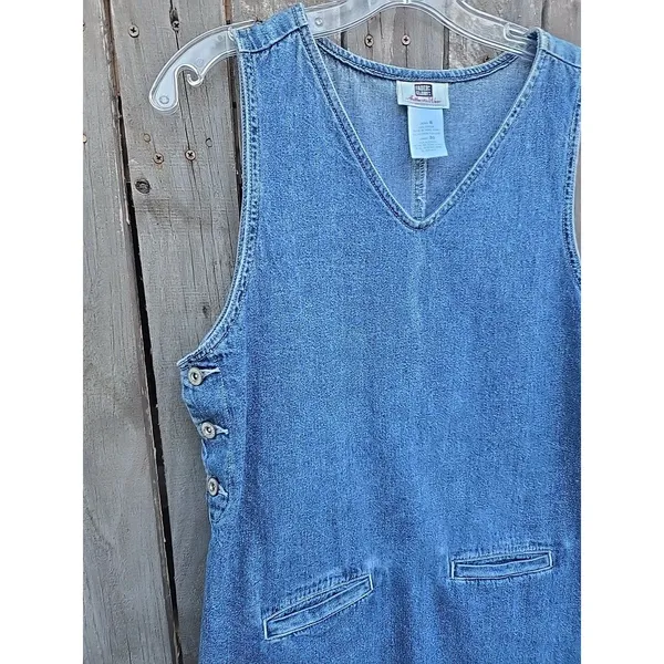 Vintage 90s Denim Jumper Dress Faded Glory Blue Sleeveless Pinafore Button Side - Image 4