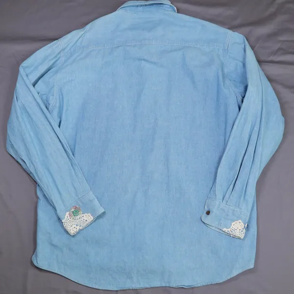 Vintage Chaps Ralph Lauren Denim Shirt XL Custom Handmade Lace Cottagecore‎ DIY - Image 8