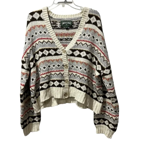American Eagle Women’s Multicolored Cropped Cardigan Ski Sweater Size Large‎ - Image 2