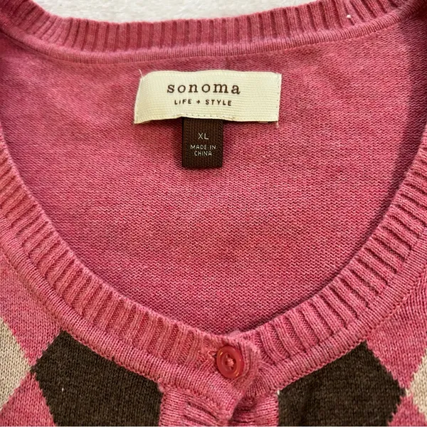 Sonoma Pink and Brown Argyle Cardigan Sweater - Image 3