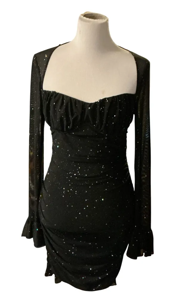Glam Sparkle Mesh Mini Dress Open Back Ruched Bell Sleeve Halter Neck Black - Image 2