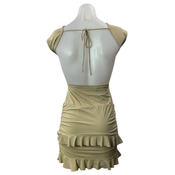 Lioness Olive Green Khaki Short Cap Sleeve Open Back Ruffle Tiered Mini Dress S - Image 2