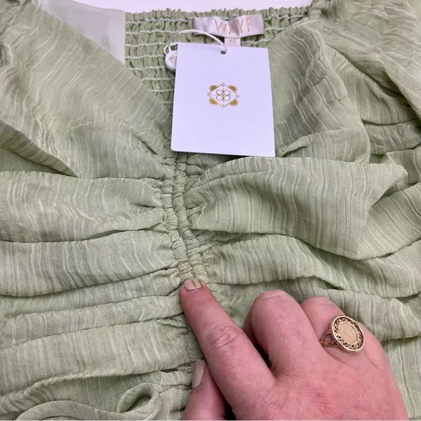 WAYF Secrets Kept Gathered Flutter Sleeve Top‎ XS Green Coquette NEW *TINY FLAW - Image 8