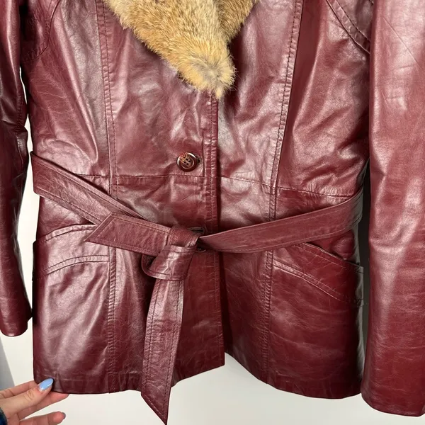 Vintage Leather Rabbitt Fur Trim Trench Tie Jacket Sz 5/6 Maroon Y2K Mob Wife - Image 6
