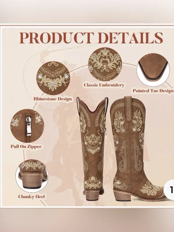 Western Embroidered Heeled Boots in Tan Size 12 - Image 15