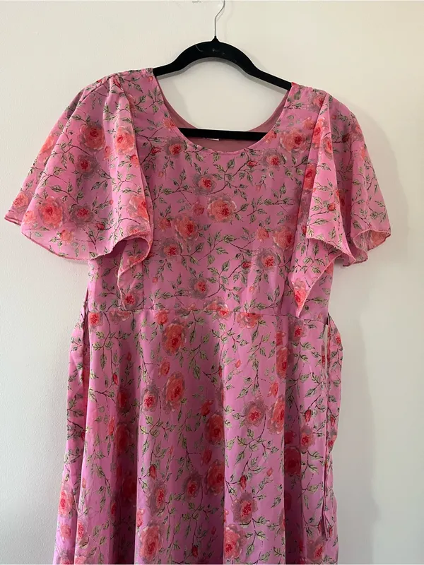 Pink Floral Flutter Sleeve Midi Dress 8 Cottagecore Feminine Church Modest - Image 2