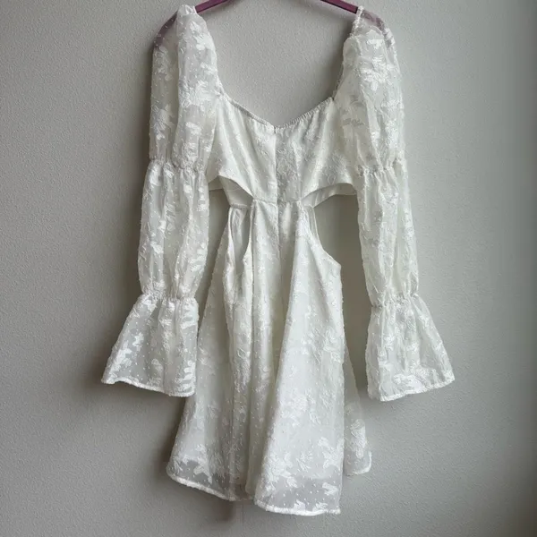 NWT Cider Floral Jacquard Cut Out Long Sleeve Puffy Mini White Dress Size Small - Image 5