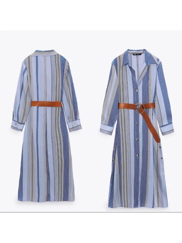 Zara Blue and Gray Multi-Stripe Button-Front Midi Shirt Dress with Brown Belt - Image 2