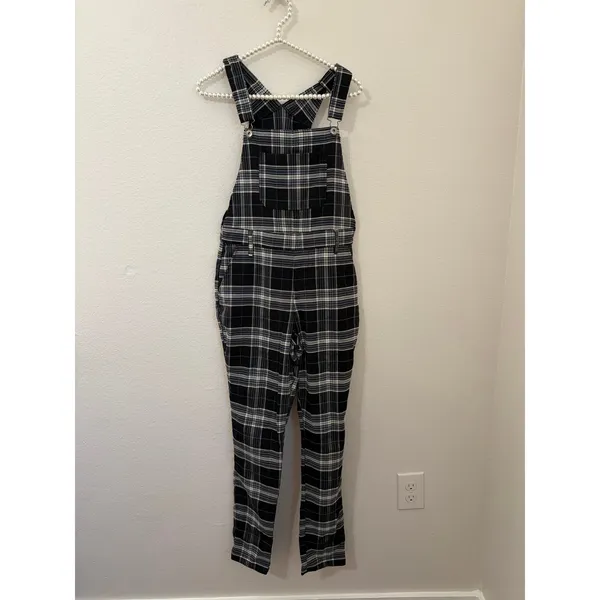 Hot Topic Plaid Overalls Size Medium Black White Academia Grunge Punk Goth - Image 2