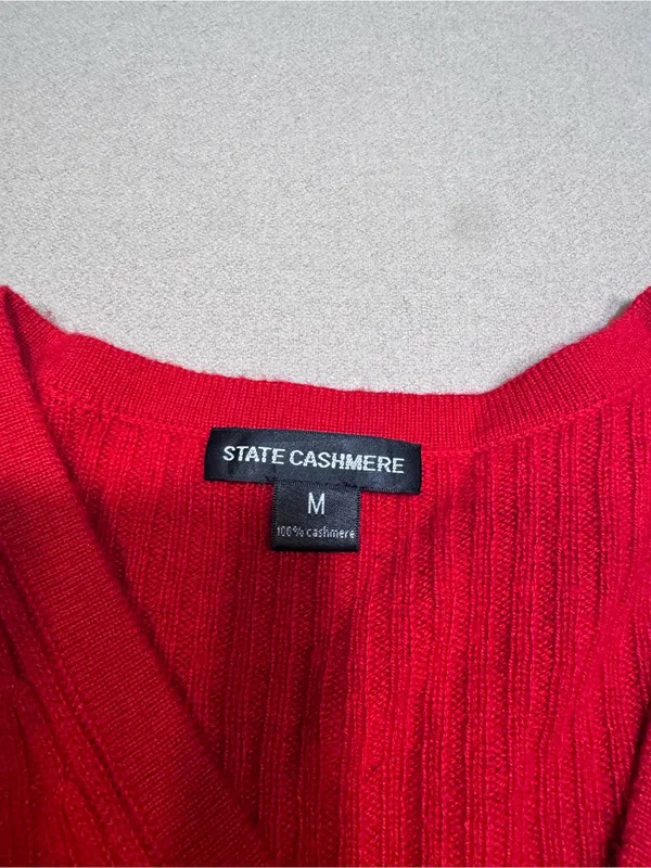 State Cashmere Red Ribbed V‑Neck Button Cardigan Size M - Image 3