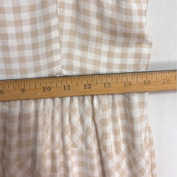 Gingham Midi Dress‎ Womens L Beige White Cotton Linen Blend Boho Cottage Summer - Image 4