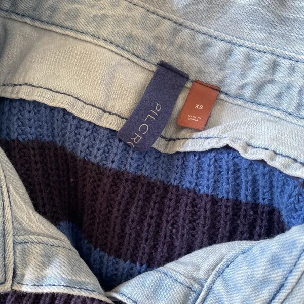 Pilcro Mixed Media Striped Sweater Womens Size‎ XS Blue Denim Layered Knit Top - Image 7
