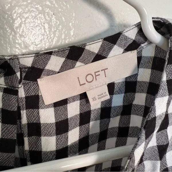 Loft Women's Size XS Blouse Long Puff Sleeve Black White Gingham Crewneck 552579 - Image 11