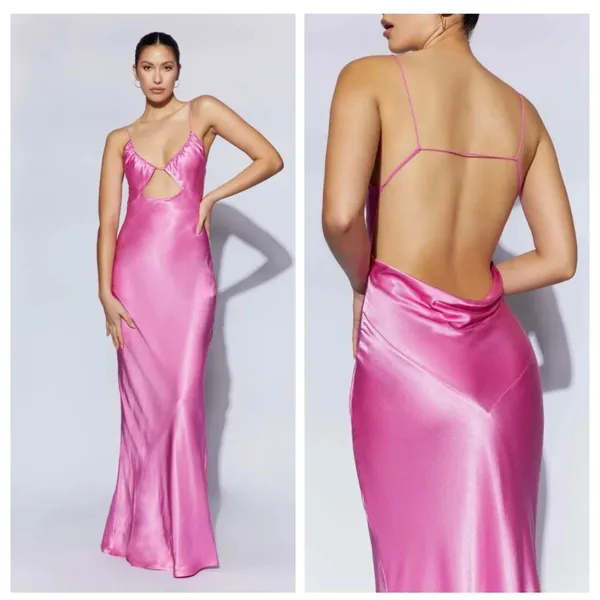 Meshki Sadie Maxi Satin‎ Halter Ruched Slip Dress Pink Size XL Wedding Guest - Image 2