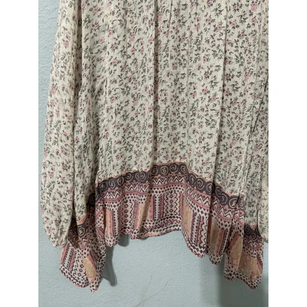 Free People Blouse S Floral Metallic Tassel Peasant Blouse Pink Cream Cottage - Image 11