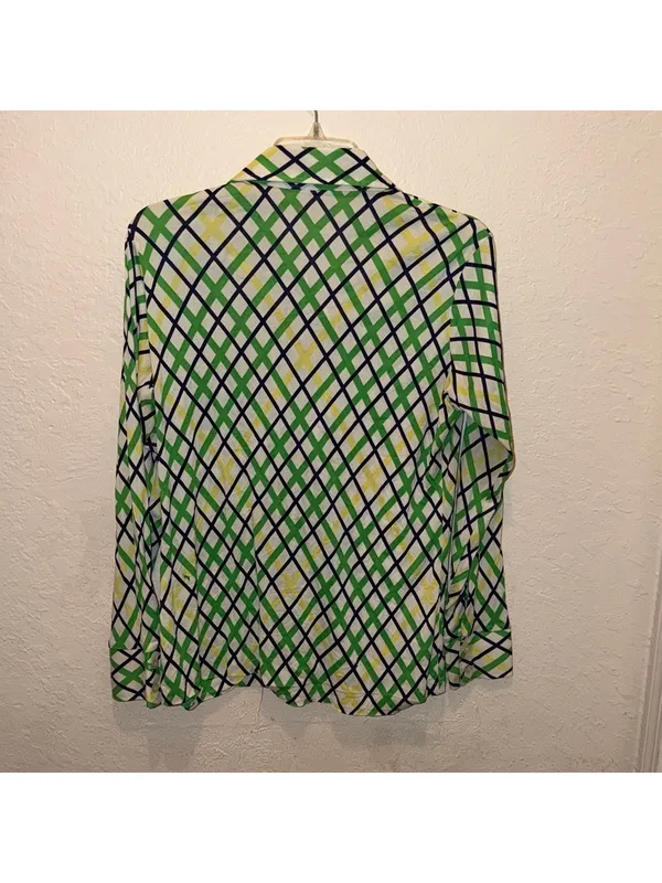 Vintage 70s Green Yellow Checkered Plaid Polyester Shirt - Image 8