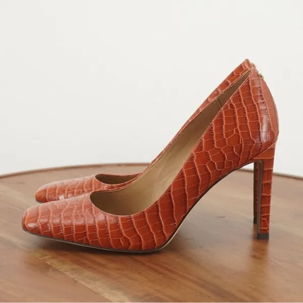 Sam Edelman Beth Cinnamon Croc Embossed Leather Square Toe Stiletto Heels 8 - Image 9