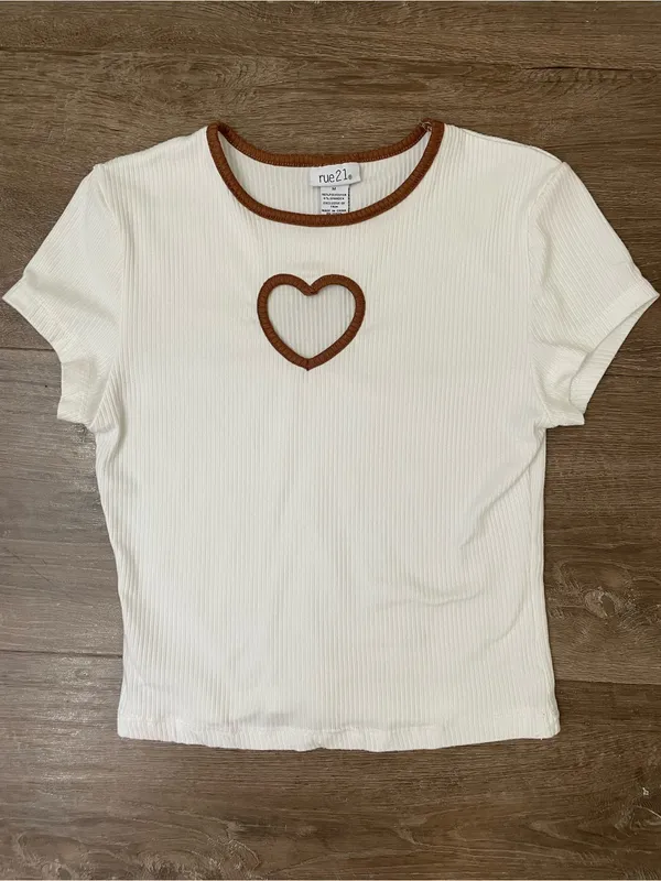 Rue 21 Baby Doll Top Heart Cut Out Size M White Ribbed Brown Trim Y2K 2000s - Image 11