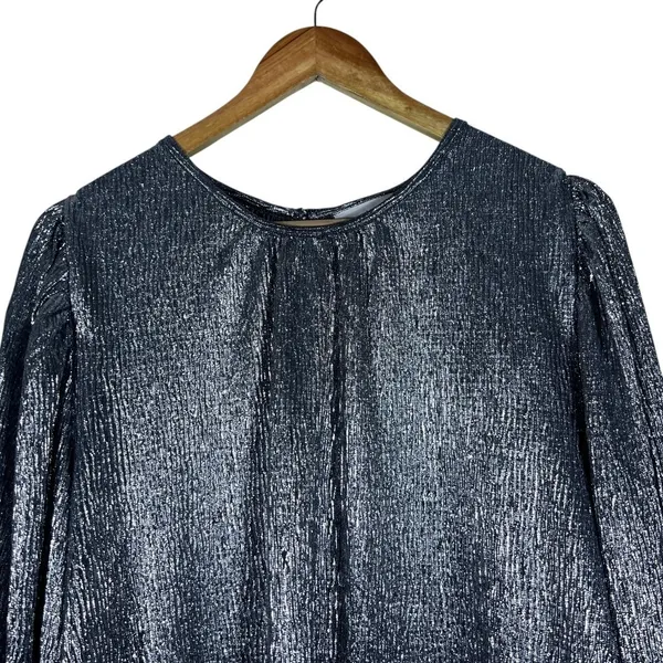 Loft Shimmer Metallic Pleated Blouse Silver Holiday Party Puff Sleeve Size L - Image 3