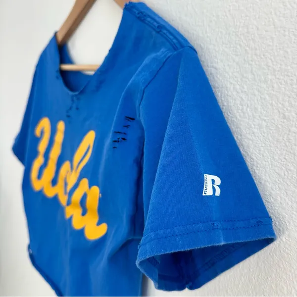 UCLA Bruins Destroyed Off the Shoulder Cropped Top Blue - Image 3