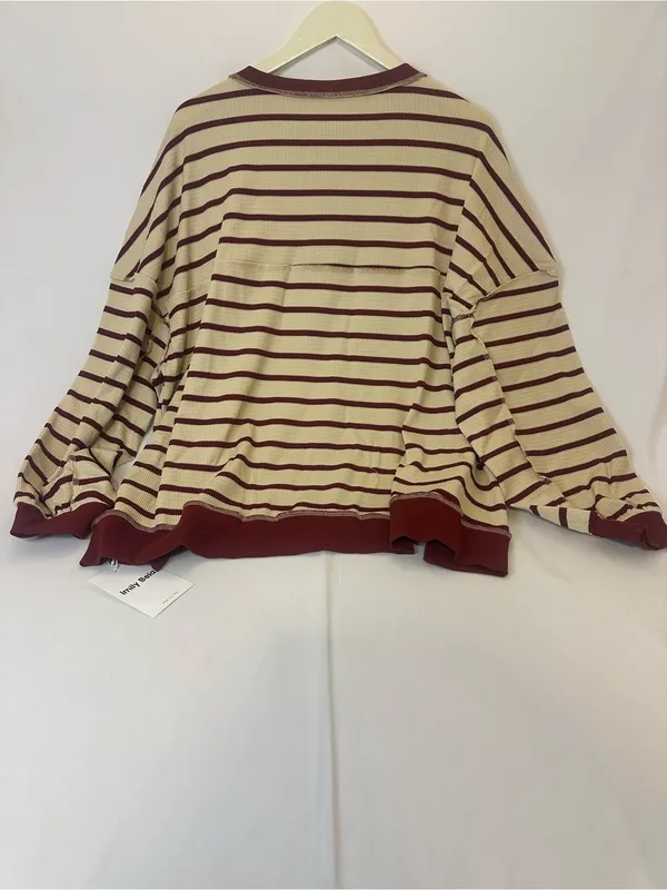 Striped Henley Pullover Sweatshirt in Ivory & Burgundy - Women - Image 3