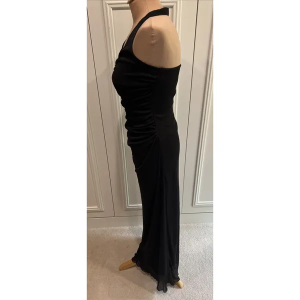 Vintage La Belle Black Ruched Mesh Overlay Maxi Dress Size Medium Gown Halter - Image 4