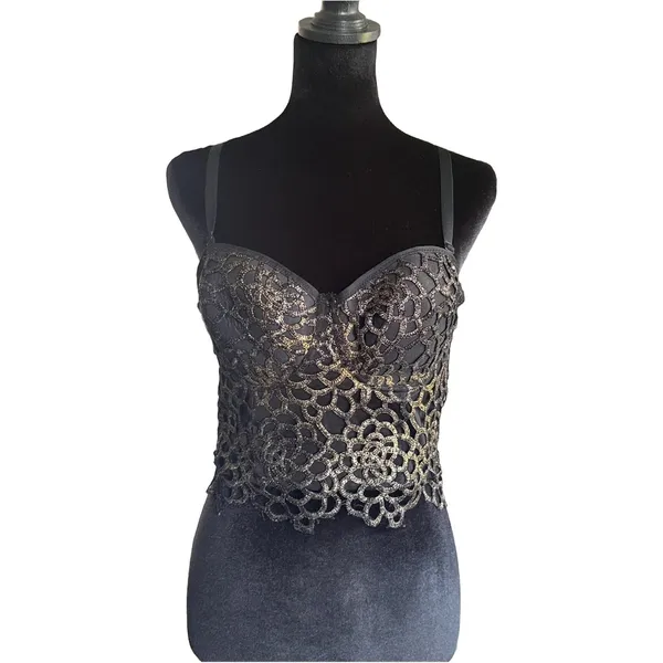 Cleo Womens Black Gold Lace Bustier Crop Top Padded‎ Hook Eye L Whimsigoth - Image 2