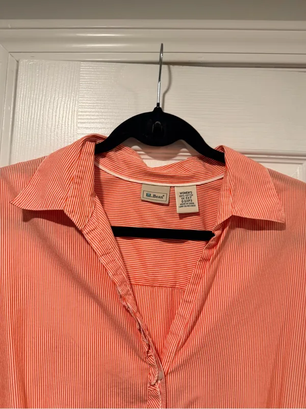 L.L. Bean Size 1X Pink Stripe Ruffle Front Lightweight Cotton Button Down Shirt - Image 2