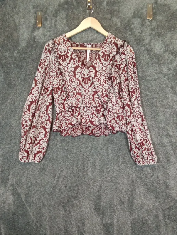 Anthropologie Jacquard Peasant Blouse Burgundy Sheer Ballon Sleeves Boho - Image 3