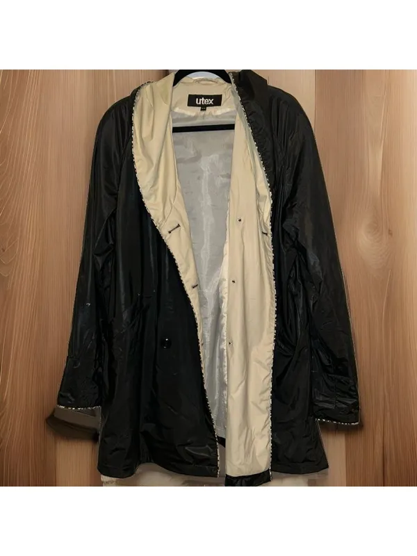 Women's UTEX Sz M Rain Coat Slicker Jacket Hooded Cuffed Button Up Leopard Trim - Image 2