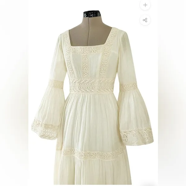 Victor Costa Mexican Wedding Dress Ivory Cotton Gauze & Lace Dress 1970 Size 0 - Image 7