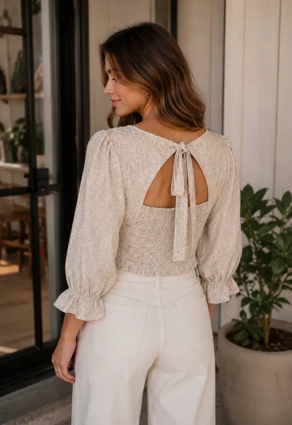 Sienna Sky Smocked Waist Cropped Top Bow Size Medium - Image 2