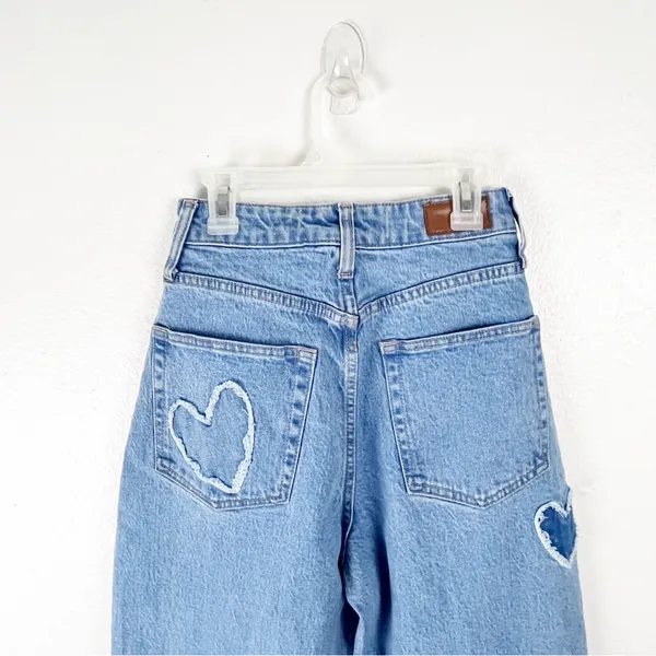 SOCIAL TOURIST Blue Ultra High Rise Baggy Hearts Patches Wide Leg Jeans 26 Boho - Image 11