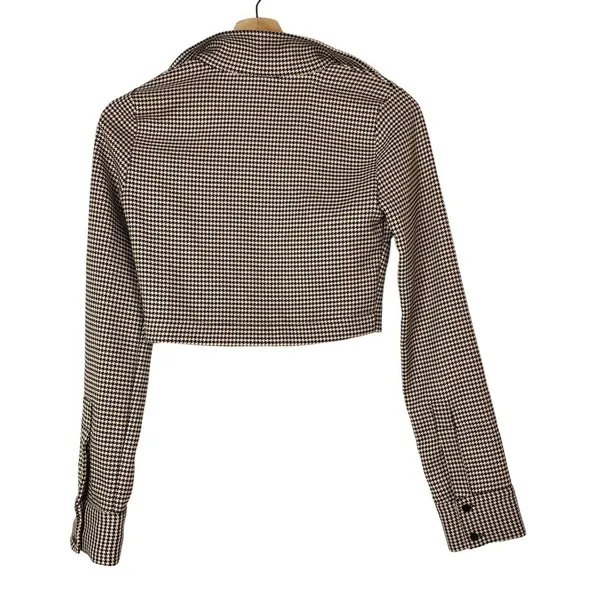 Zara Beige & Black Houndstooth Cropped Long Sleeve Button Down Top‎ XS - Image 3
