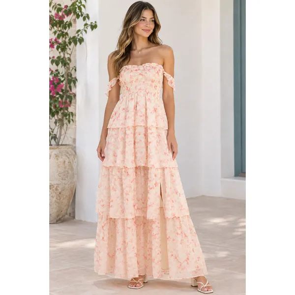NWT Beivy Orange Floral Off-The-Shoulder Tiered Maxi Dress Size M Boho - Image 2