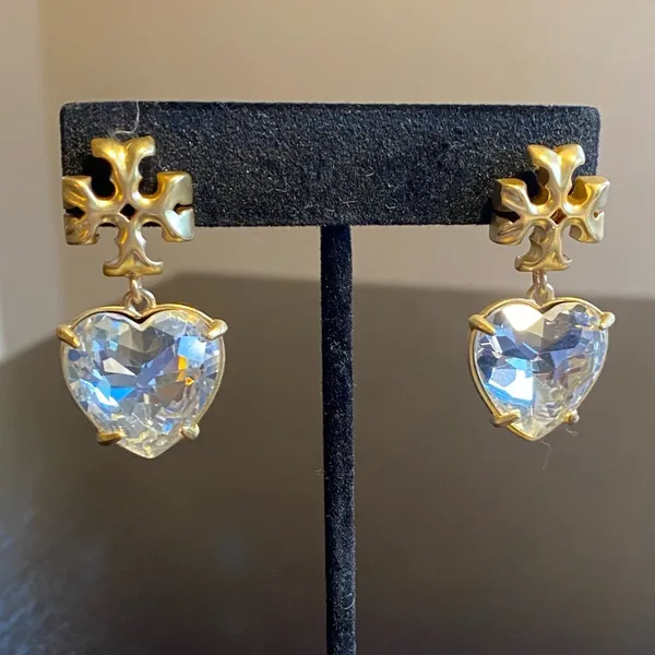 Tory Burch Kira Crystal faceted heart drops hanging from TB logo studs - Image 5