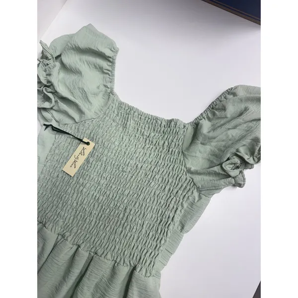Liberty Love NWT Sage Green Tiered Puff Sleeve Smocked Mini Dress milk maid garden party med - Image 4