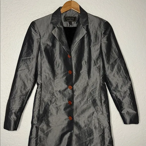 Vintage Express Silver Trench Coat Pockets Nylon Shimmer Y2K Glam Fall Small - Image 8