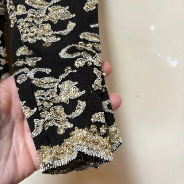 Moda Vintage Black Gold Lace Top Y2K Going Out Sheer Long Sleeve Large - Image 7
