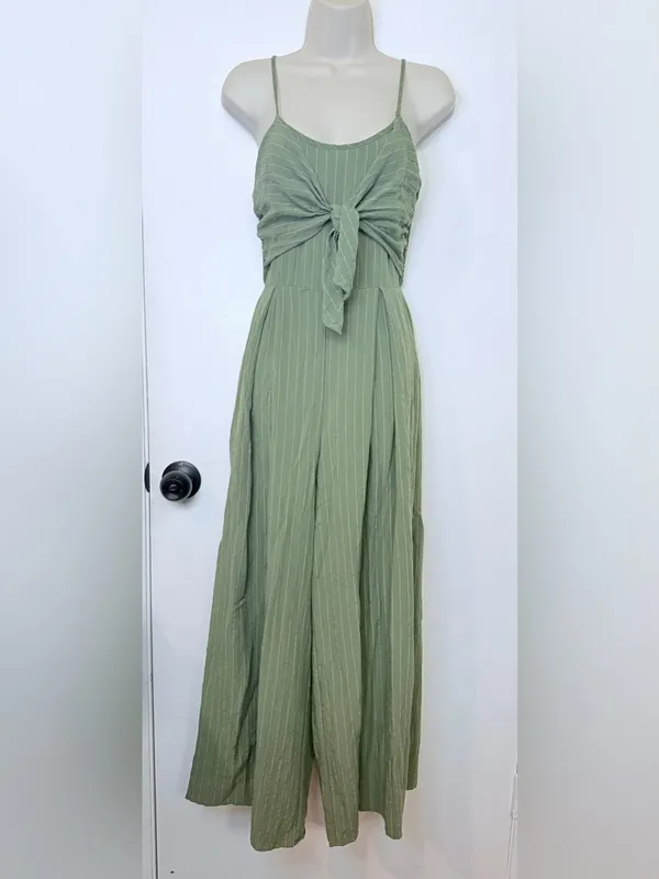 Flying Tomato Wide Leg Pinstripe Tie Front Keyhole Back Strap Jumpsuit Green S - Image 3