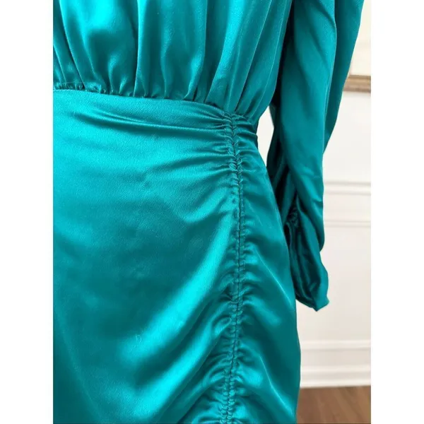 Do + Be Bow Tie Dress Teal Green Satin Mutton Sleeve Midi M - Image 5