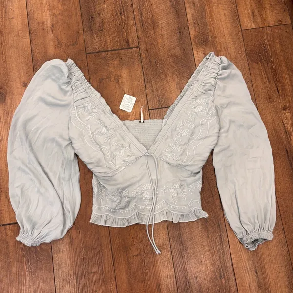 NWT Free People Veronica Embroidered Top Baby Blue Women's Size M $128 SOLD OUT - Image 2
