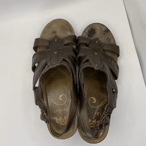 Dansko Nina Sandals Womens 38/7 Heels Brown Leather Floral Strappy‎ Platform - Image 5