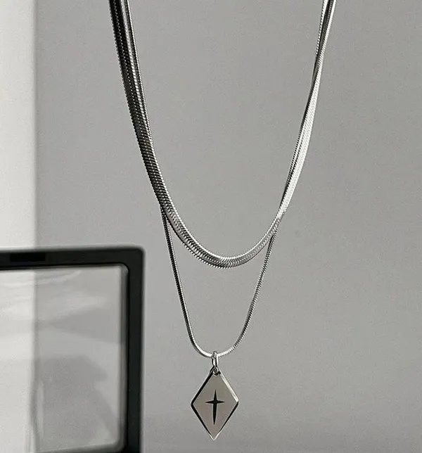 Layered Snake Chain Geometric Rhombus Cross Pendant Necklace for Men Women - Image 2