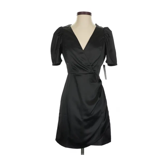 Lulus Black Ecstatic Evening Satin Puff Sleeve Ruched Mini Dress Small LBD - Image 3