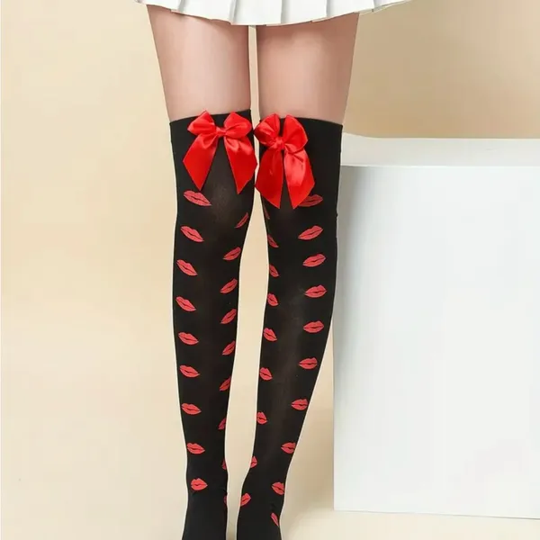 Lips Kiss Mesh Thigh High Stockings Bow Decor Valentines Day Over The Knee Socks - Image 5