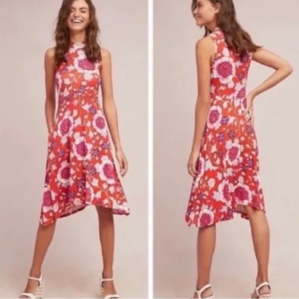 Maeve Anthropologie Clearly Floral Sleeveless Asymmetrical Dress Red Medium - Image 2