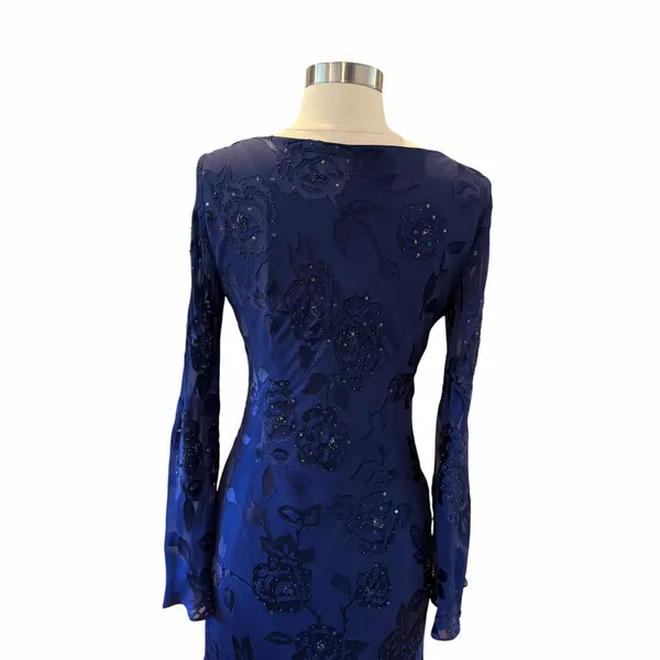 Vintage Alex Evenings Navy Silk Beaded Floral Handkerchief Maxi Dress - Image 7