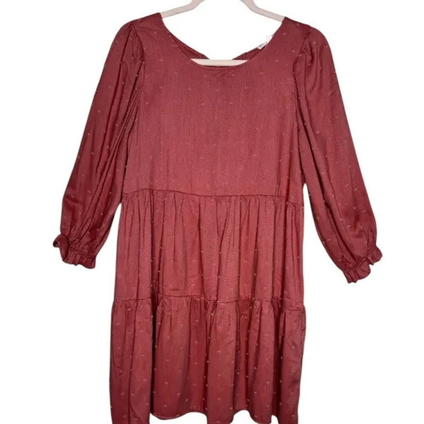 Anthropologie Rust Swiss Dot Tiered Mini Dress Long Sleeve Babydoll M - Image 2