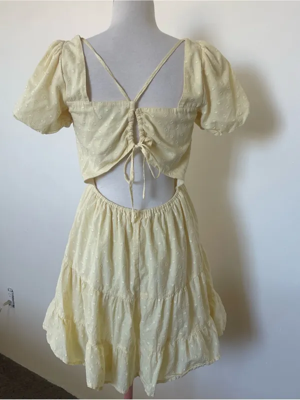 Francesca's butter yellow Puff Sleeve Tiered Mini Dress - Image 3